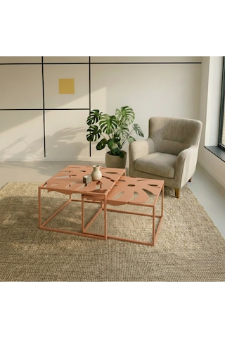 Monstera Yaprak Formlu 2 Li Metal Orta Sehpa Modern Zigon Sehpa Seti Turuncu