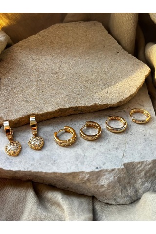 Altın Renkli Kalpli Yuvarlak Altılı Küpe Çok Renkli