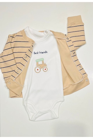 Erkek Bebek Araba Baskılı Pamuklu 3 Lü Takım Açık Bej Açık Bej