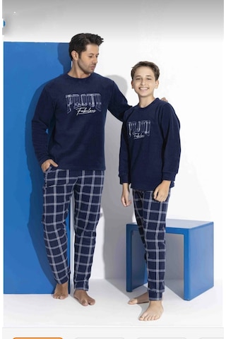 Tarık Erkek Lacivert Ekose Uzun Kollu Baba-oğul Polar Kumaş Kışlık Sıcak Tutan Pijama Takımı Lacivrert