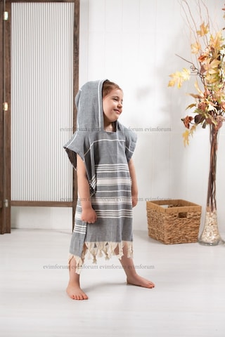 Çocuk 9-10 Yaş Bornoz Panço %100 Pamuk Plaj Havlusu Peştamal Gri