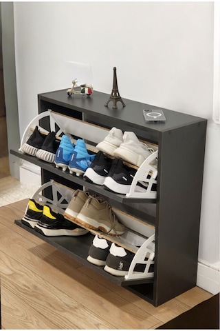 Düşer Kapaklı Ayakkabılık 4 Bölmeli 2 Kapaklı Kayar Raflı Dolap Antrasit