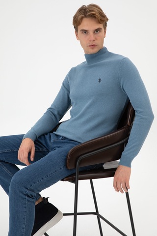 U.S. Polo Assn. Erkek Slim Fit Boğazlı Mavi Basic Kazak 50313712-VR251