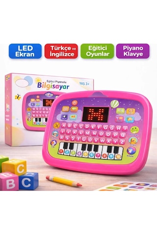 Eğitici Piyanolu Sesli Işıklı Led Ekranlı İngilizce Türkçe 26 Kelime Çocuk Bilgisayarı Pembe