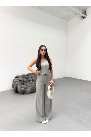 Toskana Çi Zgi Li Kruvaze Yaka Tek Düğmeli Yelek Pantolon Takim Gri