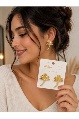 Yaprak Küpe İnci Detay Gold