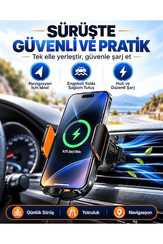 C13 Kablosuz Şarjlı Araç Telefon Tutucu Otomatik Açılıp Kapanan Kollu 360 Dönebilen Şeffaf Tasarım Metal Gövdeli Araç İçi Telefon Tutacağı