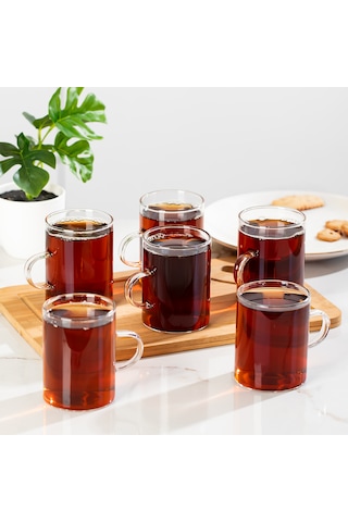 Porsima Pbt-789 6lı Borosilikat Isıya Ateşe Dayanıklı Cam Kulplu Çay Bardağı Kahve Bardak Kupa Seti 250ml Cam - Şeffaf