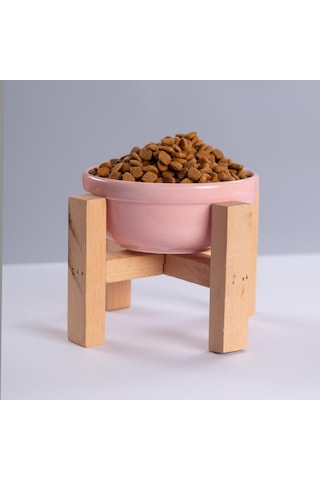 Pembe Ahşap Standlı Seramik Mama/ Su Kabı Kedi Köpek Mama Su Kabı