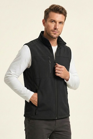 Genius Store Erkek Yelek Softshell Su Geçirmez Tam Fermuarlı Cepli Normal Kalıp Spor Yelek Siyah
