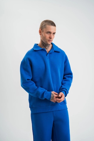 Erkek Patlı Yaka Üç İplik Pamuklu Sweatshirt Double Oversize Rahat Kalıp Günlük Kullanım - Mavi Mavi