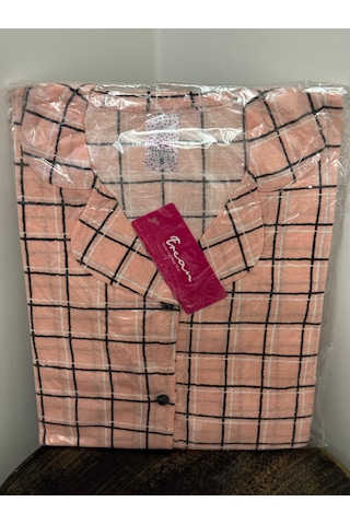 Rotasyon Kısa Kollu Uzun Altlı Kareli Desenli Pembe Kadın Pijama Takımı Gecelik Açık Pembe