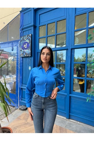 WeShaya Saks %100 Polyester Parçalı Desenli Gömlek Saks