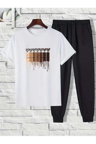 Unisex Leopar Kalp Baskılı Eşofman Takımı Beyaz