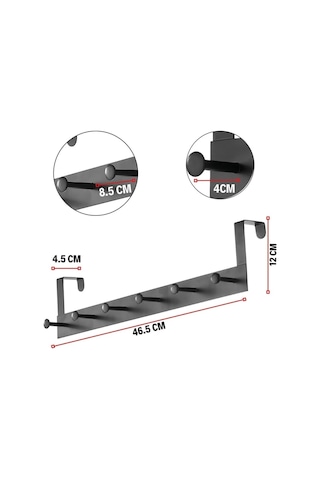Pratik 6'lı Metal Kapı Arkası Askısı - 30 Kg Taşıma Kapasiteli Siyah, 46.5 Cm