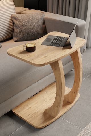 Atlantik Çam Dikdörtgen C Model Yan Sehpa Modern Koltuk Tekerlekli Yan Laptop Masası Kahverengi
