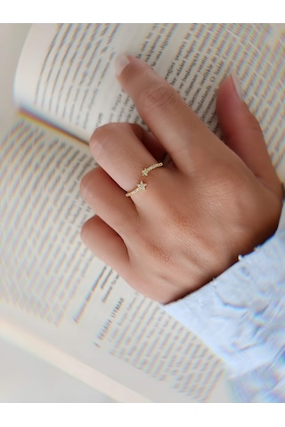 Zirkon Taşlı Yıldız Model Ayarlanabilir Gold Altın Renkli Yüzük Gold