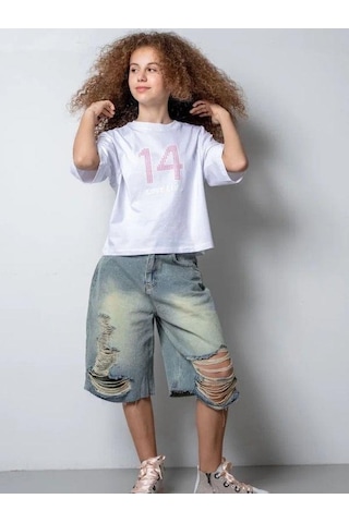 Zekids Kız Çocuk 14 Lıfe Yazılı Pamuklu Tshirt-15795 Beyaz