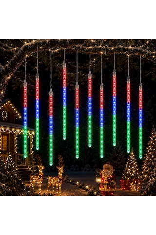 Yüksek Kalite Akan Işık Renkli Yağmur Damlası Led Işık 10 Dal 45 Cm Çubuklar 360 Ledli 4.60 Metre