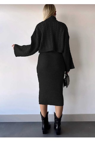 Flex Fashıon Boğazlı Saç Örgü Motifli Popüler Trend Crop Kazak Ve Triko Elbise Takım Siyah - 612102340 Siyah - 612102340 Siyah