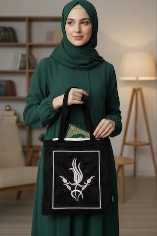 Nakışlı Kadife Kuran Çantası Çeyizlik Seccade Terlik Gümüş Siyah Çok Renkli