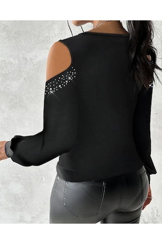 Kadın Yuvarlak Degaje Yaka Omuz Detay Taşlı Uzun Kollu Sandy Bluz Siyah
