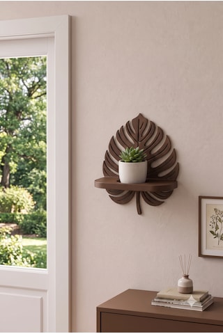 3d Dekoratif Monstera Yaprak Duvar Rafı - Sukulent Ve Mum Standı Kahverengi