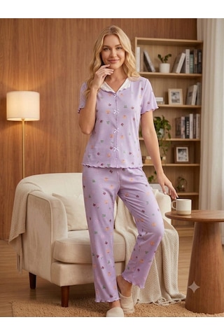 Kadın Kısa Kollu Yumuşak Tuşe Yazlık Likralı Kaşkorse Kumaş Pijama Takım Lila