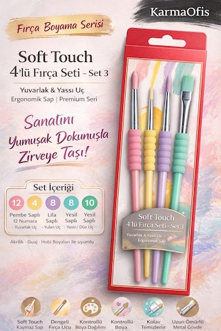 Soft Touch 4 Lü Fırça Seti Set 3 Yuvarlak & Yassı Uç Akrilik Guaj Hobi Boya Fırçası