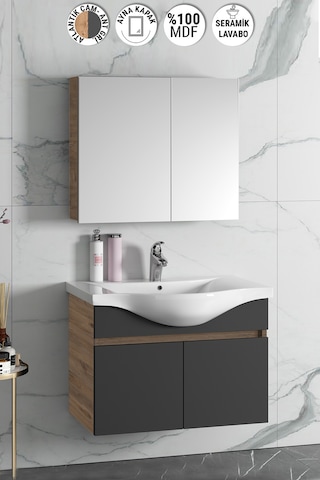 Yıldız 80 Cm Atlantik Çam-Antrasit Gri Mat Mdf Seramik Lavabolu A Antrasit - Atlantik Çam