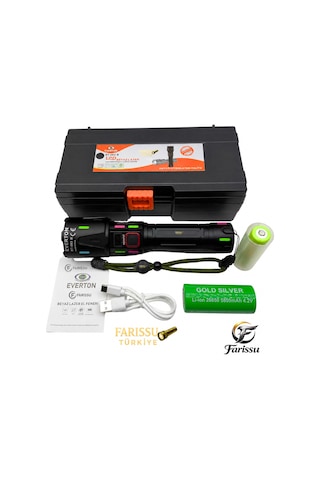 Ultra Güçlü Beyaz Lazer Led El Feneri - 2 Km Menzilli & Powerbank Özellikli Çift Pil Setli Siyah