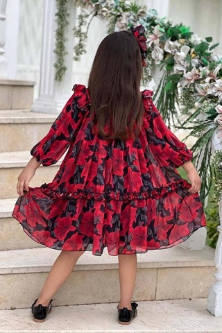 Riccotarz Kız Çocuk Yakası Ve Omuzları Fırfır Detaylı Çiçek İşlemeli Pliseli Kırmızı Elbise Kırmızı