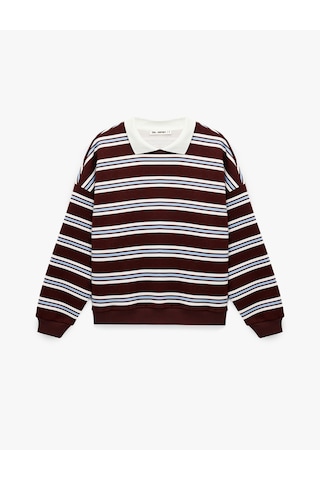 Koton Üç İplik Şardonlu Uzun Kollu Polo Yaka Çizgili Rugby Sweatshirt Bordo Çizgili 6wal10675ık Bordo Çizgili