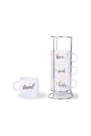 Deepcraft Stantlı 4'lü Fincan Seti Çıkmaz Baskılı Puantiyeli Desenli 4 Adet Fincan Seti 190 Ml Beyaz
