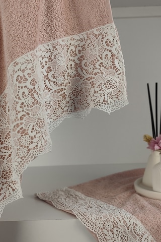 Gipür Dantelli Banyo Havlusu Takımı-%100 Pamuk Banyo Seti-gelin Havlusu Gulkurusu Gül Kurusu