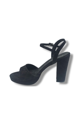Erbay 321-26 Simli İşlemeli Saten Tek Bant Kalın Topuk Kadın Sandalet 11cm Siyah