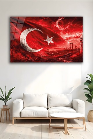 Türk Bayrağı Ay Yıldız Boğaz Köprüsü Cam Tablo Şık Duvar Tablosu Solmayan Canlı Renkler Salon Ve Oturma Odası Ev Hediyesi Parlak Cam Yüzey