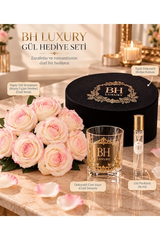 Bh Luxury Beyaz Pembe Yapay Gül Ve Gül Parfümü Hediye Seti Siyah Kutulu Beyaz - pembe
