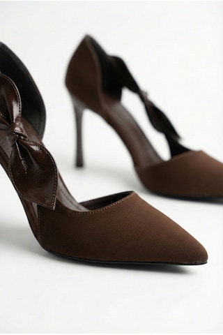 V.s.h Velvet Kadın Kahverengi Saten Fiyonklu Sivri Burun 9 Cm İnce Topuklu Stiletto Abiye Ayakkabı-2453
