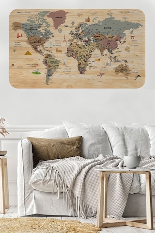 Ahşap Görünümlü Türkçe Eğitici Detaylı Atlası Dünya Haritası Duvar Sticker-85x130-3844 Çok Renkli