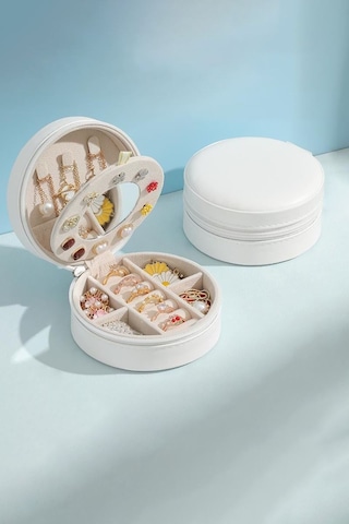 Chavin Beyaz Deri Seyahat Yüzük Küpe Kolye Takı Kutusu St1-69by Beyaz