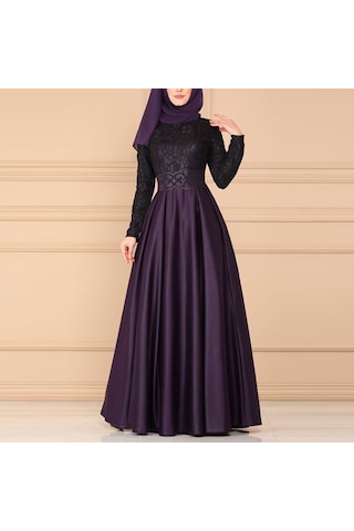 Sones Dantel Dikiş Retro Büyük Salıncak Elbise Etnik Stil Uzun Kollu İnce Elbise Mor