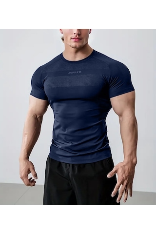 Ghassy Co. Erkek Nem Emici Hızlı Kuruyan Renk Solmayan Atletik Teknik Fitness Spor T-shirt Lacıvert
