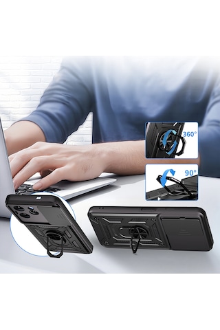 Ardemix Tecno Spark 40 4g Kılıf Magnetik Standlı Kamera Korumalı Zore Sürgülü Vega Kapak - Siyah