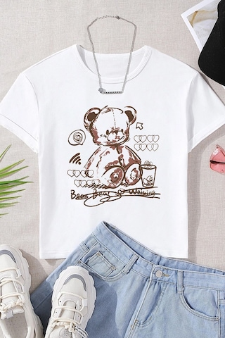 Uyguntarz Çocuk Oyuncak Ayı Baskılı Pamuklu Tshirt Beyaz