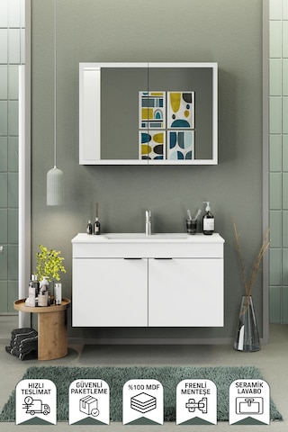 Biani Fix Loft 100 Cm Banyo Dolabı,Seramik Lavabolu, Aynalı,Lavabo Dahil,Mdf,Mat Beyaz