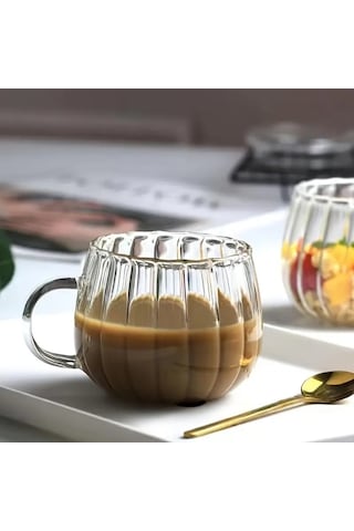 Mithra Life 2 Adet Ateşe Dayanıklı 400 Ml Çizgili Cam Kupa Bardak Mıt1100