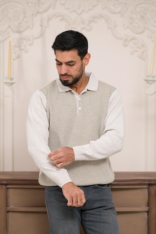 Woolen World Polo Yaka Armürlü Yünlü Erkek Triko Kazak Krem