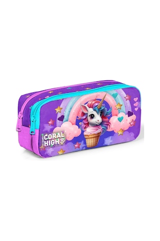 Coral High Kids Mor Pembe Unicorn Dondurma Desenli İki Bölmeli Kalem Çantası 12095 Mor - Pembe