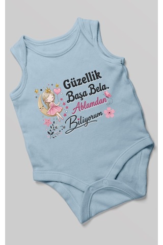 Morivokids Güzellik Başa Bela Ablamdan Biliyorum Sıfır Kol Bebek Zıbını %100 Pamuk Bebe Mavisi